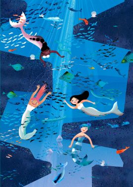 Mermaids swimming in deep sea with fish illustration