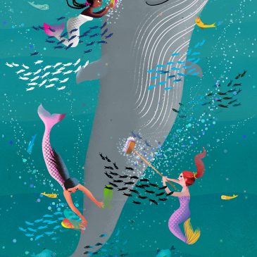 Mermaids helping a whale illustration